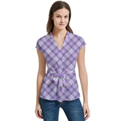 Purple Plaid Tartan 2 Diagonal Women s Cap Sleeve Mandarin Collar Waist Tie Blouse by dressshop