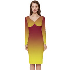 Burgundy Red To Electric Yellow Linear Gradient Long Sleeve V-neck Bodycon Dress  by GradientsOmbre