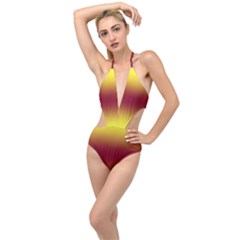 Electric Yellow To Burgundy Red Bilinear Gradient Plunging Cut Out Swimsuit by GradientsOmbre