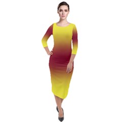 Electric Yellow To Burgundy Red Bilinear Gradient Quarter Sleeve Midi Velour Bodycon Dress by GradientsOmbre