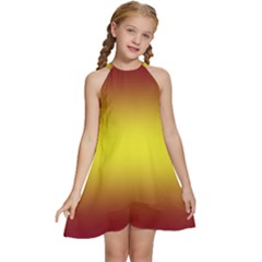 Burgundy Red To Electric Yellow Bilinear Gradient Kids  Halter Collar Waist Tie Chiffon Dress by GradientsOmbre