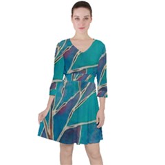 Aqua Batik, Abstract, Colorful Quarter Sleeve Ruffle Waist Dress by kyorashop23