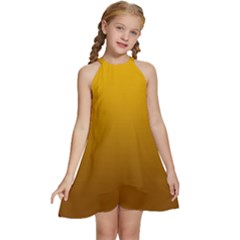 Amber Orange To Chocolate Brown Linear Gradient Kids  Halter Collar Waist Tie Chiffon Dress by GradientsOmbre