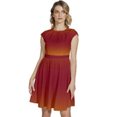 Amber Orange To Burgundy Red Bilinear Gradient Cap Sleeve High Waist Dress by GradientsOmbre