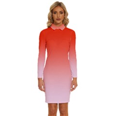 Scarlet Red To Pink Lace Linear Gradient Long Sleeve Shirt Collar Bodycon Dress by GradientsOmbre