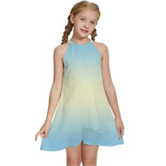 Baby Blue To Cream Yellow Bilinear Gradient Kids  Halter Collar Waist Tie Chiffon Dress by GradientsOmbre