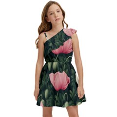 Poppy Flower Plant Petals Bloom Kids  One Shoulder Party Dress by Grandong