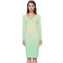 Cream Yellow To Mint Green Linear Gradient Long Sleeve V-neck Bodycon Dress  by GradientsOmbre