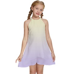 Cream Yellow To Pale Violet Linear Gradient Kids  Halter Collar Waist Tie Chiffon Dress by GradientsOmbre