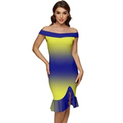 Electric Yellow To Navy Blue Bilinear Gradient Off Shoulder Ruffle Split Hem Bodycon Dress by GradientsOmbre