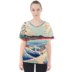 Wave Japanese Mount Fuji Ocean V-neck Dolman Drape Top by Bedest