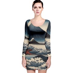 Hokusai Moutains Japan Long Sleeve Velvet Bodycon Dress by Bedest