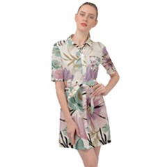 Flowers Pattern Floral Belted Shirt Dress by Sabxi