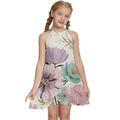 Flowers Pattern Floral Kids  Halter Collar Waist Tie Chiffon Dress by Sabxi