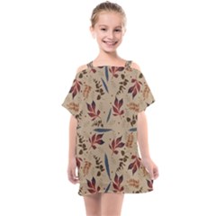 Leaves Pattern Teal Seamless Fall Kids  One Piece Chiffon Dress by Sabxi