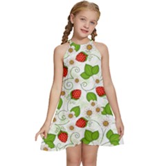 Strawberry Fruit Pattern Leaves Kids  Halter Collar Waist Tie Chiffon Dress by Sabxi