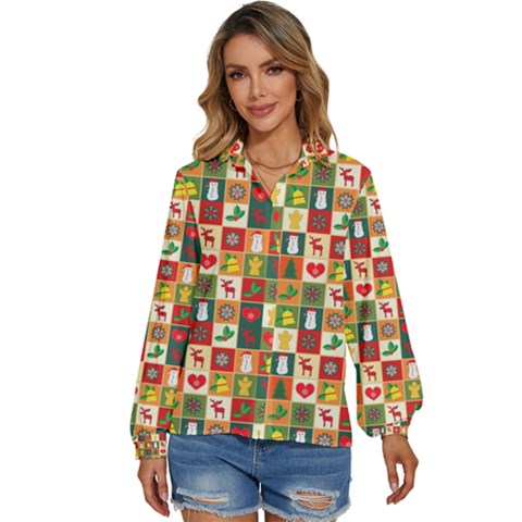 Template Christmas Pattern Women s Long Sleeve Button Up Shirt by Proyonanggan