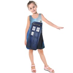 Tardis Doctor Who Space Blue Kids  Sleeveless Dress by Cemarart