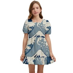 Japanese Wave Pattern Kids  Short Sleeve Dolly Dress by Cemarart