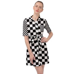 Pattern Checkered Squares Black White Pattern Belted Shirt Dress by Sabxi