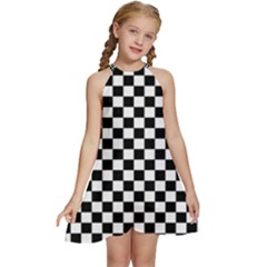 Pattern Checkered Squares Black White Pattern Kids  Halter Collar Waist Tie Chiffon Dress by Sabxi