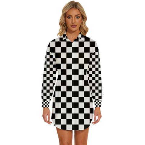 Pattern Checkered Squares Black White Pattern Womens Long Sleeve Shirt Dress by Sabxi