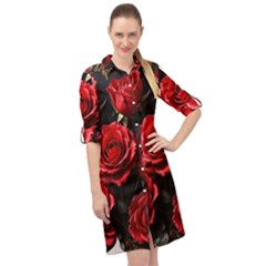 Red Roses Long Sleeve Mini Shirt Dress by Sabxi