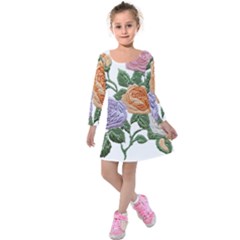 Embroidery Roses Floral Design Kids  Long Sleeve Velvet Dress by Sabxi