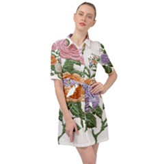 Embroidery Roses Floral Design Belted Shirt Dress by Sabxi