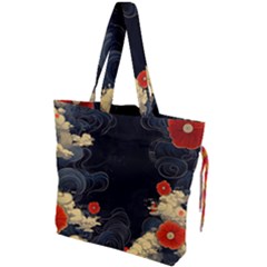 Korean Art Flowers Asian Pattern Drawstring Tote Bag by Sabxi