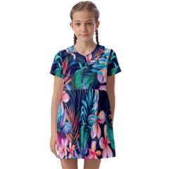 Hawaiian Flowers Hawaii Kids  Asymmetric Collar Dress by Cemarart