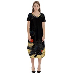 Korean Art Flowers Asian Pattern T-shirt Midi Dress With Pockets by Sabxi