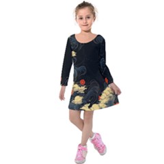 Korean Art Flowers Asian Pattern Kids  Long Sleeve Velvet Dress by Sabxi