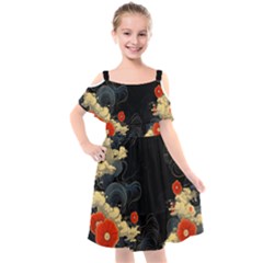 Korean Art Flowers Asian Pattern Kids  Cut Out Shoulders Chiffon Dress by Sabxi