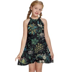 Pattern Flower Plants Leaves Nature Kids  Halter Collar Waist Tie Chiffon Dress by Tsamara