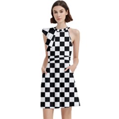 Pattern Checkered Squares Black White Pattern Cocktail Party Halter Sleeveless Dress With Pockets by Sabxi