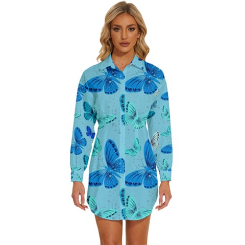 Butterflies Insect Pattern Nature Womens Long Sleeve Shirt Dress by Sabxi