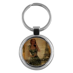 Retro Telephone Lady Vintage Newspaper Print Pin Up Girl Paris Eiffel Tower Key Chain (round) by chicelegantboutique