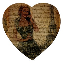 Retro Telephone Lady Vintage Newspaper Print Pin Up Girl Paris Eiffel Tower Jigsaw Puzzle (heart) by chicelegantboutique