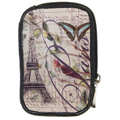 Paris Eiffel Tower Vintage Bird Butterfly French Botanical Art Compact Camera Leather Case by chicelegantboutique