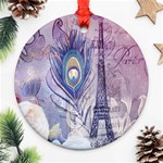 Peacock Feather White Rose Paris Eiffel Tower Round Ornament Front