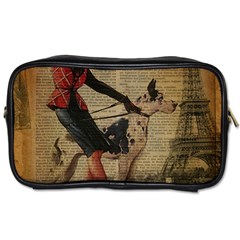 Paris Girl And Great Dane Vintage Newspaper Print Sexy Hot Gil Elvgren Pin Up Girl Paris Eiffel Towe Travel Toiletry Bag (two Sides) by chicelegantboutique