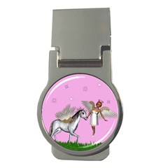 Unicorn And Fairy In A Grass Field And Sparkles Money Clip (round) by goldenjackal