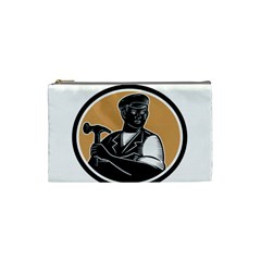 Carpenter Holding Hammer Woodcut Cosmetic Bag (small) by retrovectors