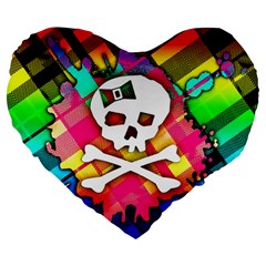 Rainbow Plaid Skull Large 19  Premium Heart Shape Cushion by ArtistRoseanneJones