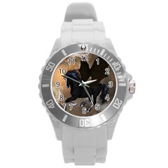 Awesome Dark Unicorn With Clouds Round Plastic Sport Watch (l) by FantasyWorld7