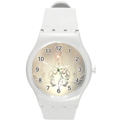 Music, Piano With Clef On Soft Background Round Plastic Sport Watch (m) by FantasyWorld7