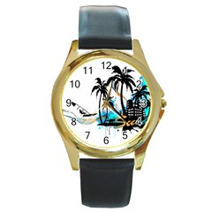 Surfing Round Gold Metal Watches by EnjoymentArt