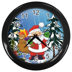 Funny Santa Claus In The Forrest Wall Clocks (black) by FantasyWorld7