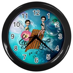 Music, Pan Flute With Fairy Wall Clocks (black) by FantasyWorld7